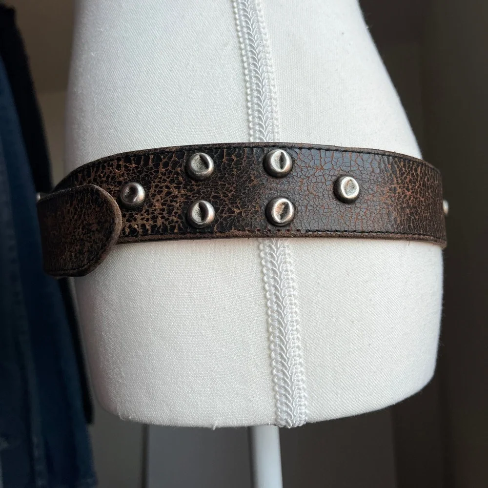 Vintage 90s Distressed Leather Studded Belt Brown Crackle Texture Western Boho